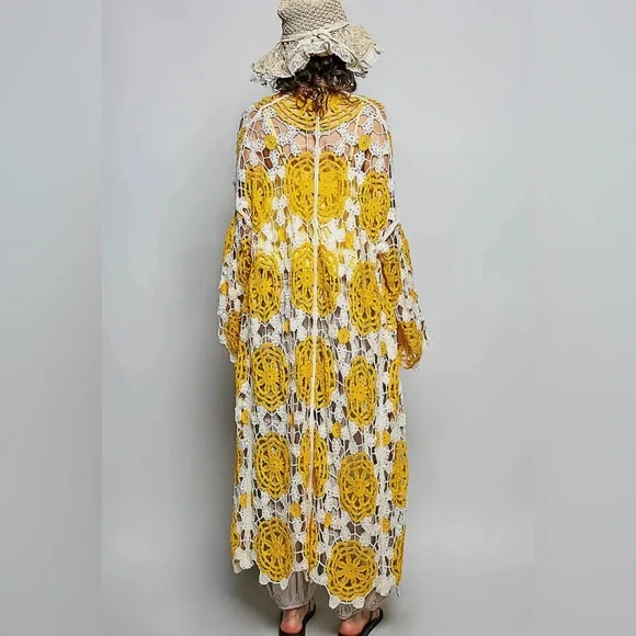 NEW Pol Maxi Long Sleeve Crochet Open Cardigan in Yellow - Picture 3 of 6